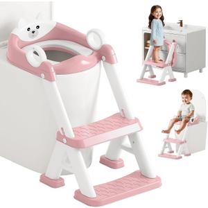 Potty Training Seat,Non Slip Foldable Toilet Training Seat with Soft Cushion, Comfortable HandlesUpgrade Toddler Toilet Seat for Kids Boys Girls,Potty Training Toilet Seat with Step Stool Ladder,Pink