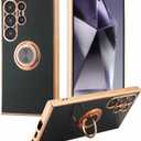 Shockproof Case for Samsung Galaxy S25 Ultra, with 360 Rotatable Ring Holder Magnetic Kickstand, Plating Rose Gold Edge Slim Soft Protective Cover, Black