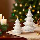 WDS WONDROUS Ceramic Christmas Tree White with Lighted Decor, 2 Pcs Christmas Trees Figurines with Lights, Small Xmas Tree with Star for Tabletop Mantel Shelf Fireplace (5.1x5.1x9.0in, White and Gold)