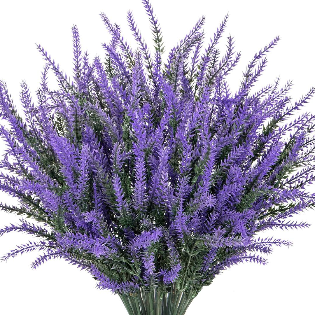 10 Bundles Fake Flowers Artificial Lavender Faux Plastic Plants Flowers for Home Wedding Kitchen Garden Patio Porch Window Box Office Table Centerpieces Indoor Outdoor Decor, Deep Purple