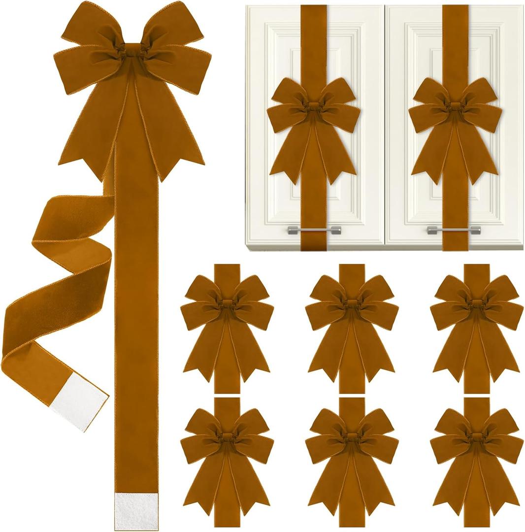 6 Pcs Brown Velvet Christmas Cabinet Ribbons Bows for Kitchen 78.7 Inch Large Christmas Door Ribbon Cabinet Bows for Gifts Xmas Tree Home Wall Furniture Party Decorations