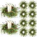 8 Pcs Artificial Christmas Candle Rings 9 Inch Cedar Pine Garland Wreaths with Red Berries Pinecones Wreaths Pine Needles Candle Ring Holder for Christmas Winter Decorations Table Centerpiece