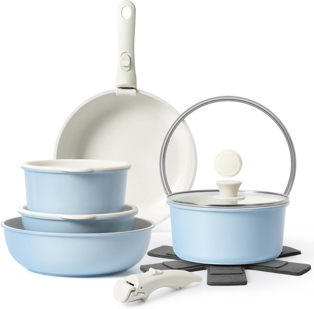 15Pcs Pots and Pans Set Non Stick, Cookware Sets with Detachable Handle, Nonstick RV Kitchen Cooking Tools Removable Handles, Oven Safe, Induction Fast, Stackable Induction Cookware, Blue