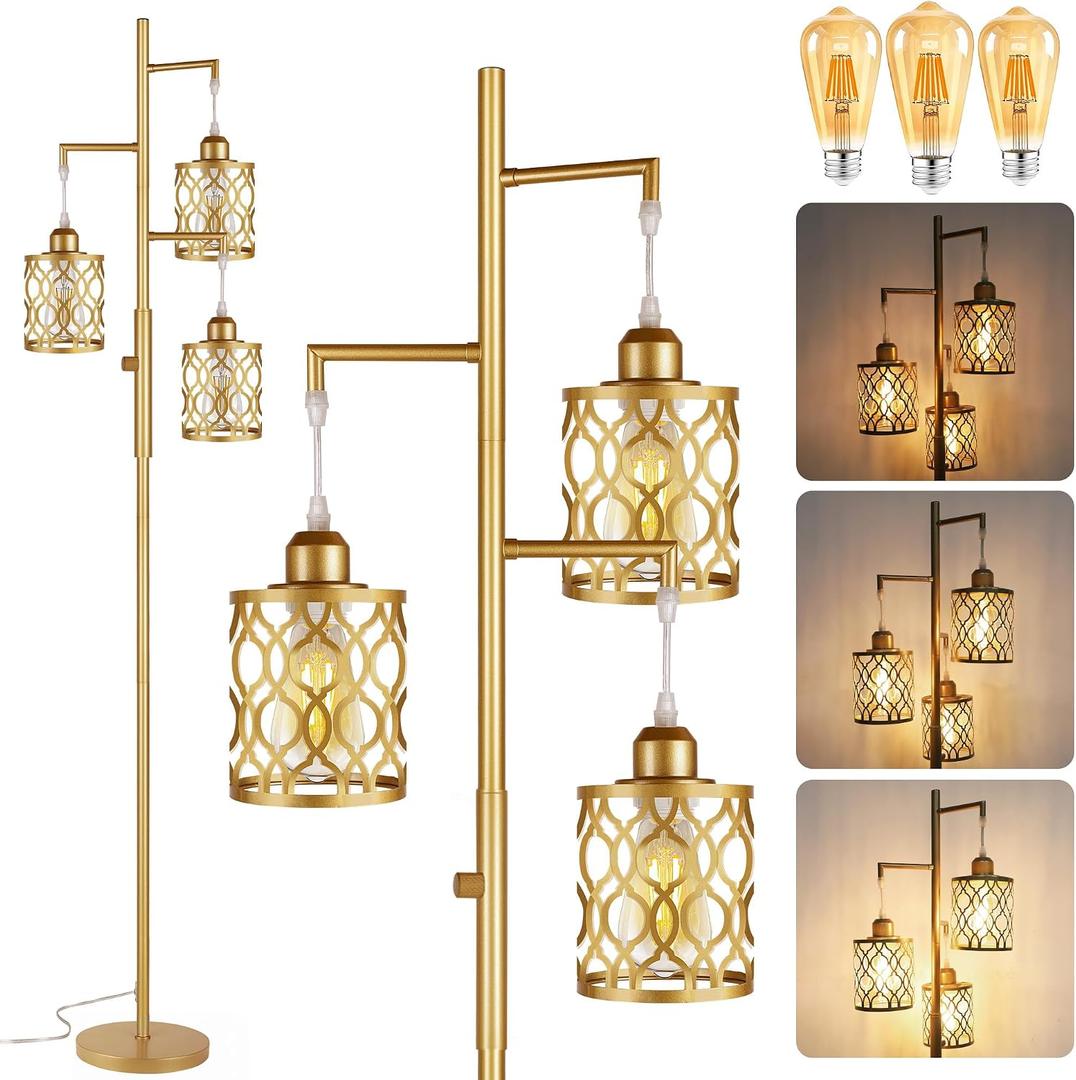 ROTTOGOON 68" Gold Floor Lamp, Dimmable Industrial Floor Lamps for Living Room, 3 Light Rustic Standing Tall Lamp Including 3 PCS 6W E26 Bulbs, Farmhouse Tree Floor Lamp for Bedrooms, Office, Bar