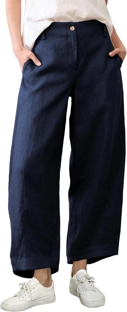 Tanming Womens Linen Pants Casual Capri Baggy Wide Leg Trousers Palazzo Pants Beach Vacation Outfits (Blue, L)