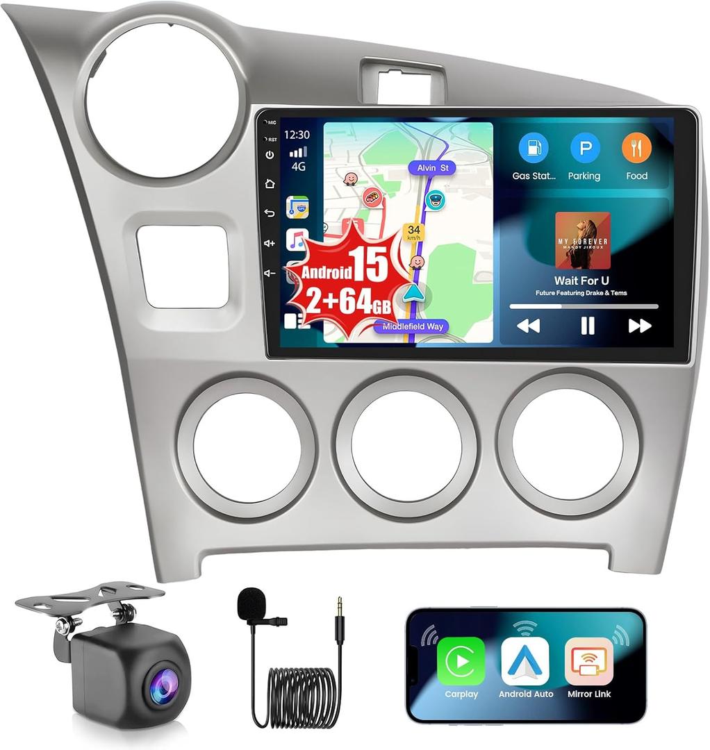 2+64GB Android 15 Car Stereo for Toyota Matrix 2009-2014 Pontiac Vibe 2009 2010 Wireless CarPlay Android Auto, Realdio 9" Touch Screen Car Radio GPS WiFi Bluetooth EQ 26UI, Backup Camera + MIC