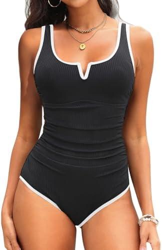 Tempt Me Womens One Piece Swimsuit - Tummy Control Bathing Suit V Wired Ribbed Full Coverage 2025 Swimwear, XL