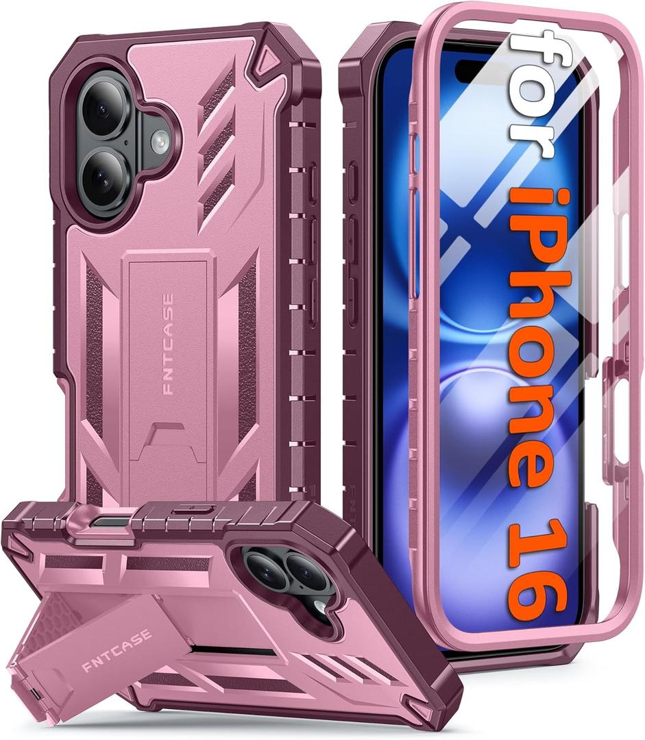 FNTCASE for iPhone 16 Phone Case: Military Grade [Built-in Screen Protector] [Kickstand] Matte Textured Drop Proof Protection Cover | Rugged Shockproof TPU Protective Sturdy Cases - Pink