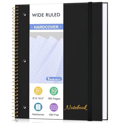 MUAHLIUB Spiral Notebook Wide Ruled Paper 8" x 10 1/2", 1 Subject Spiral Notebook, 3-Hole Punched Perforated Pages Ideal for School, Office, Writing, 95 Sheets Lined Journaling Notebook, Black