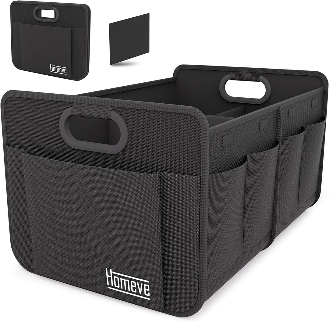 Homeve Car Trunk Organizer, Car Storage, Reinforced Handles, Collapsible Multi-Compartment Car Organizers, Foldable and Waterproof, 600D Oxford Polyester, Suitable for Any Car, SUV, Mini-Van, Black