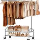 Heavy Duty Clothes Rack, Rolling Clothing Rack for Hanging Clothes Load 650 LBS with 2 Sturdy Shelves, Metal Garment Rack with Wheels for Bedroom, Laundry Room, Retail Store, Silver