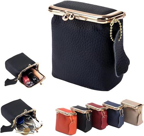 Vynoraxis Genuine Leather Mini Jewelry Box & Vintage Wallet for Women - Compact Travel Coin Purse, Lipstick Storage Organizer, Retro Leather Clutch Case (Black)