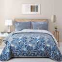WONGS BEDDING Blue Quilt Set Queen Size,3 Pieces Navy Blue Floral Bedspread Coverlet Set,Soft Microfiber Lightweight Grayish Blue Gradient Floral Bedding Set Queen 96"x90"