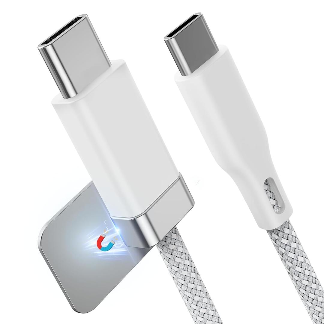 Magtame StayCable USB C to C Cable with Magnetic Organizer Holder 3.3FT, 60W Fast Charging Braid Type-C Charger Cord, for iPhone 16/15 Laptop Car Desk Nightstand Cable Management Original Design (White)