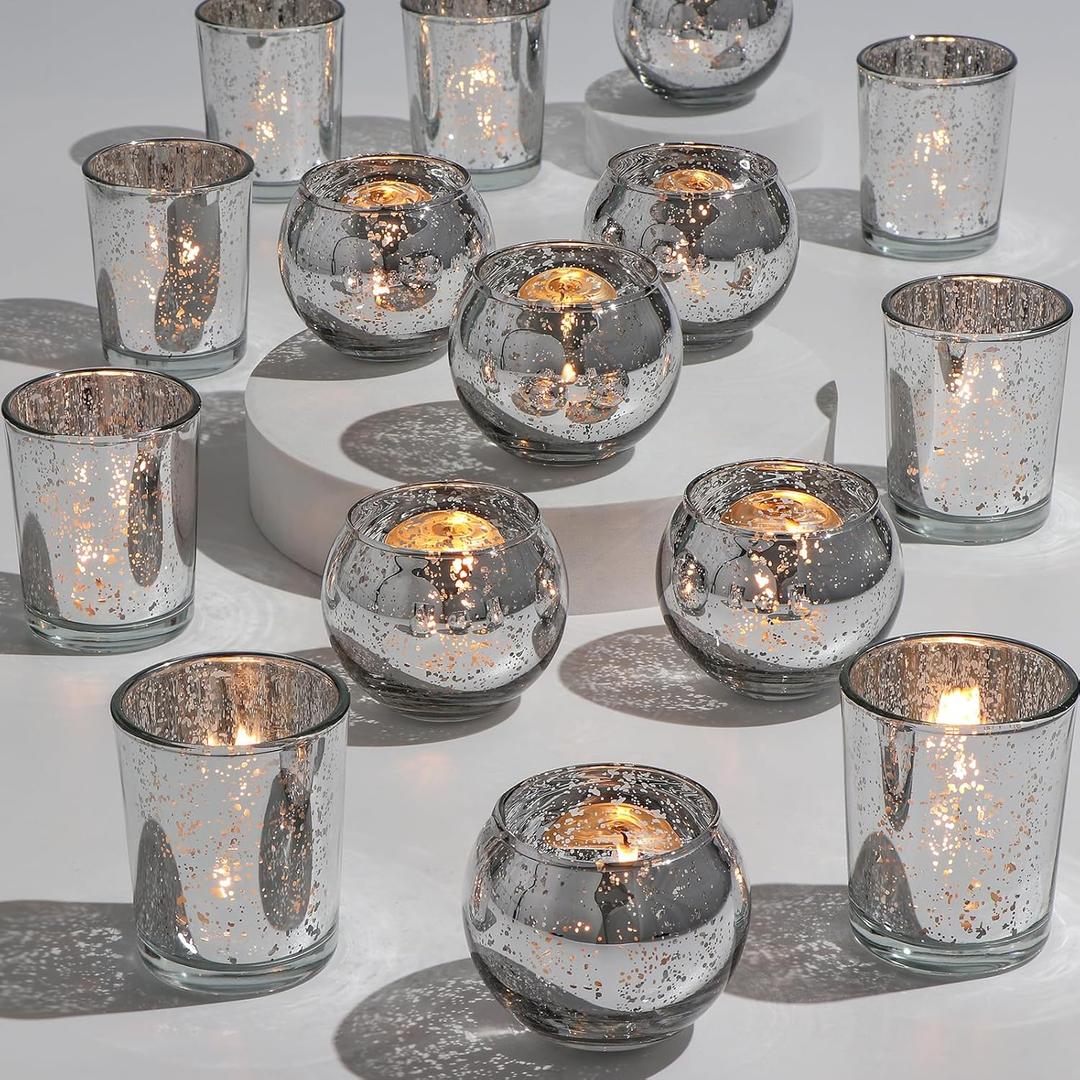 48PCS Assorted Votive Candle Holders, Mercury Glass Candle Holder for Party,Wedding Centerpieces for Tables,Birthday Table Decor (Silver)