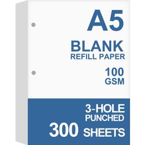 (3-Pack) A5 Filler Paper, 3 Hole Planner Refills, Organizer, Loose-leaf Binder Paper, Total 300 Sheets/600 Pages, 100gsm, Blank, White Paper, 5.8 x 8.2 Inch, 3 Hole Filler Paper, Mini Binder Refills