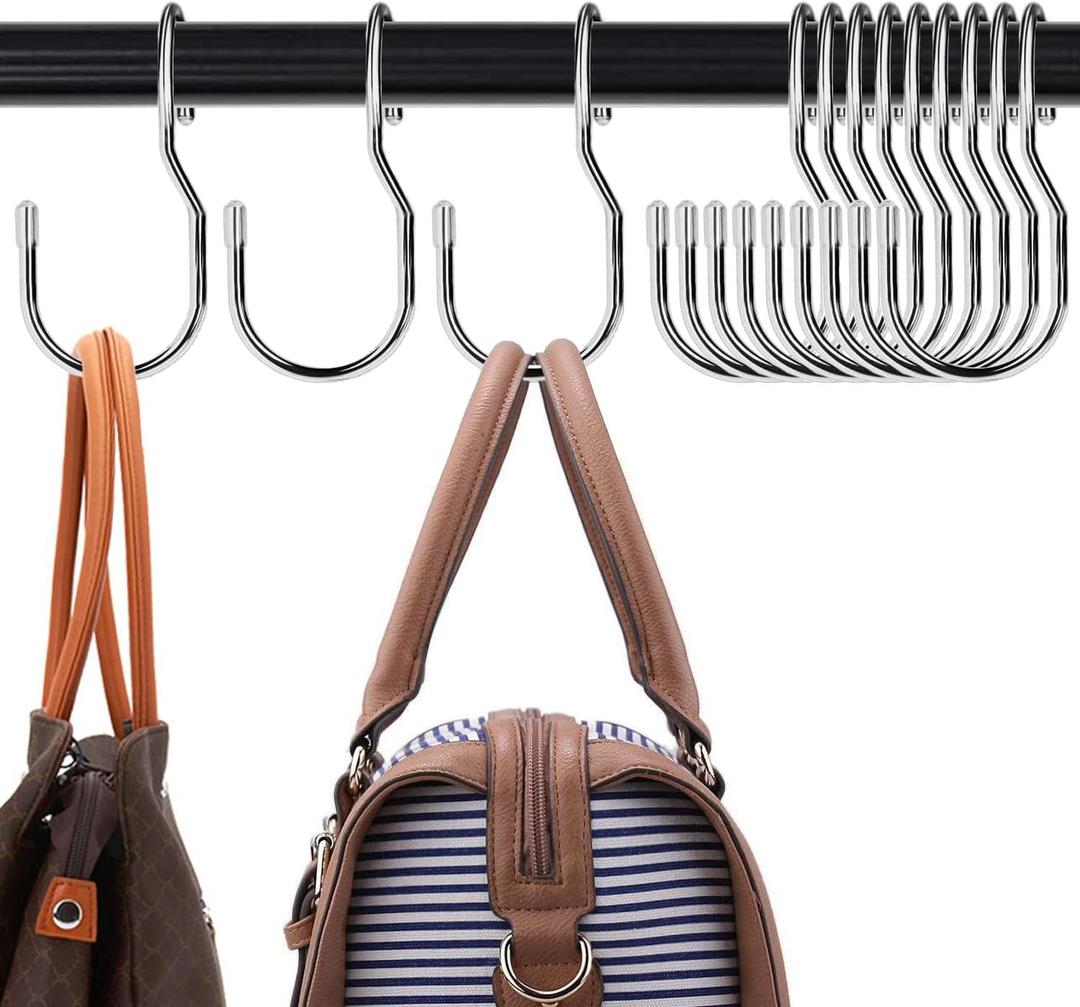Unique Twist Design Bag Hanger Purse Hooks - 5 Inch Large Size Closet Rod Hooks for Hanging Bags, Purses, Handbags, Belts, Scarves, Hats, Clothes, Pans and Pots (12 Pack) (12 Pack Platinum)