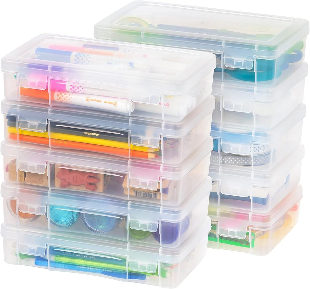 IRIS USA Pencil Case Plastic Pouch Box Storage Organizer for Beads, Pens, and Art Supplies, 10-Pack, Stackable Container with Snap Lid for Jewelry, Stickers, and Tackle Box, Clear, Medium