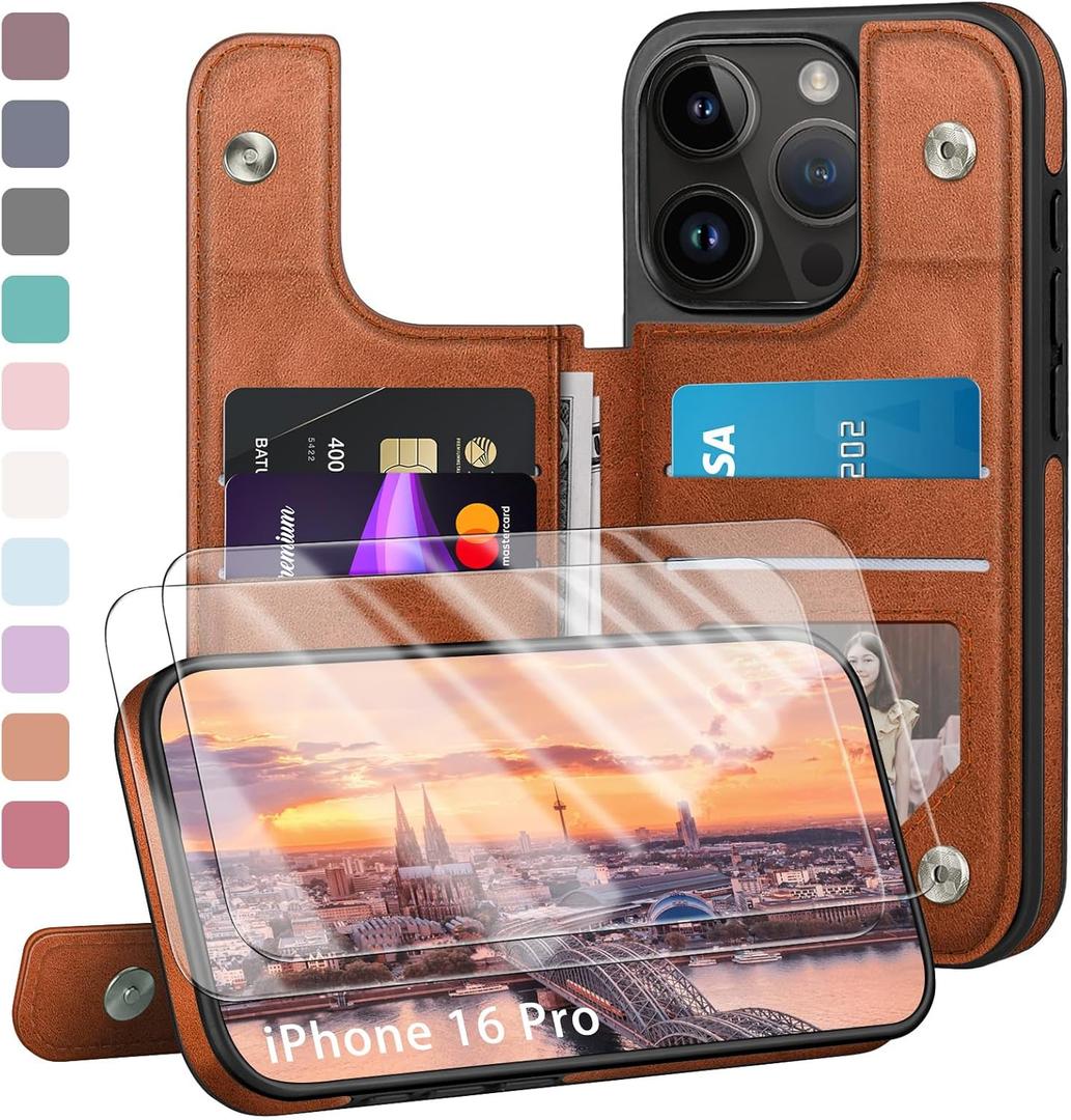 Compatible with iPhone 16 Pro Case Wallet, Card Holder Case with [2 Screen Protectors] Cover with [RFID Blocking Leather] Shockproof Women Men Cases 6.3" for Apple 16 Pro Light Brown
