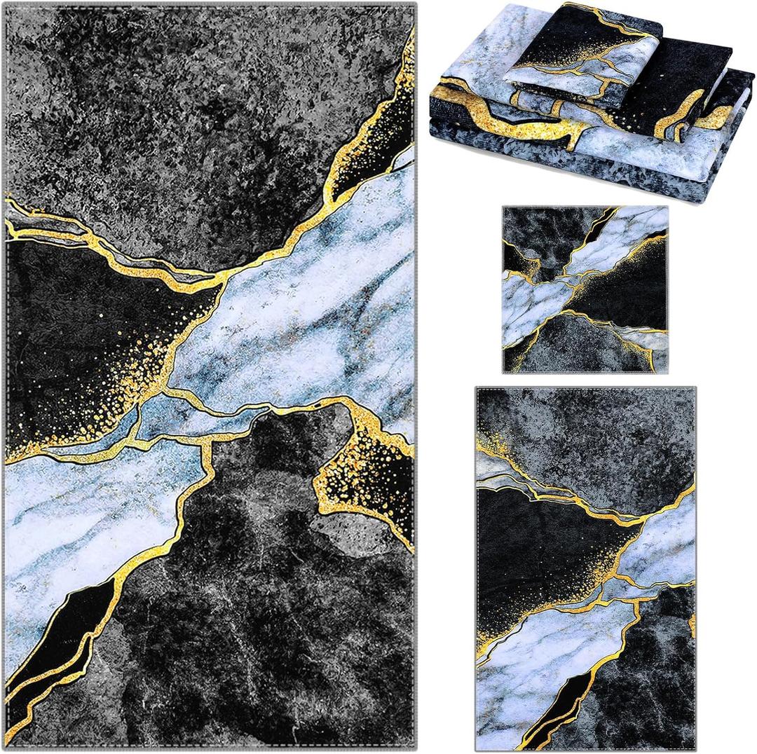 Preboun 3 Pack Black Marble Bathroom Towels Set Gold Line Hand Towels Black Bath Towels Gold Crack Dish Towels Absorbent Fingertip Towel for Bathroom Kitchen Hotel Beach Gym SPA