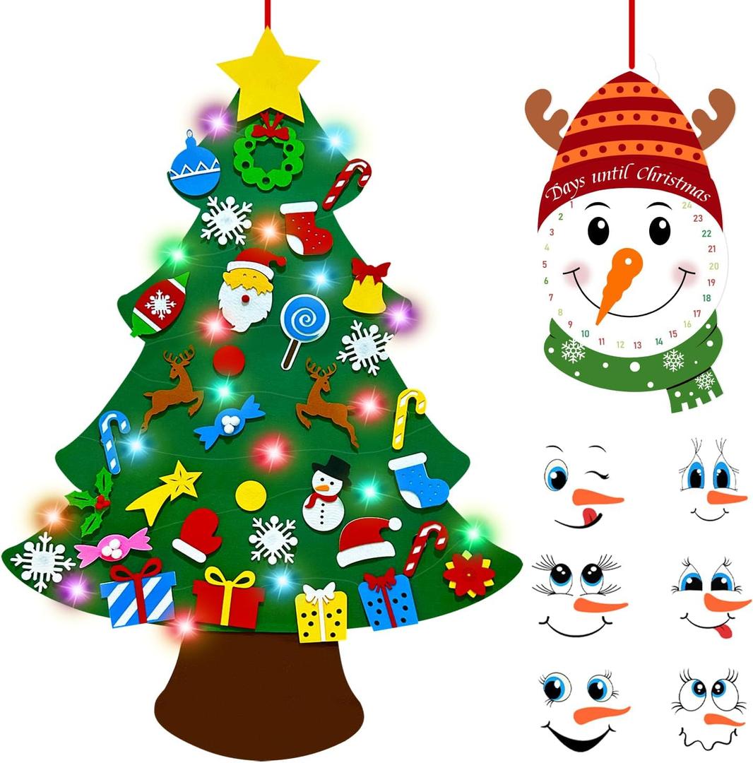 EMPOF Felt Christmas Tree for Toddlers, 3.5ft Felt WallTree Set for Kids Wall with Lights + Snowman Advent Calendar + 6 Face Stickers+ 33 Ornaments, Indoor Christmas Home Decor, Colorful