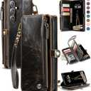 Defencase for Galaxy S25 Plus/S25+ Case Wallet with RFID Blocking Card Holder for Women Men, Elegant Leather Magnetic Snap Flip Strap Zipper Wallet Phone Cases for Samsung Galaxy S25 Plus 6.7", Coffee