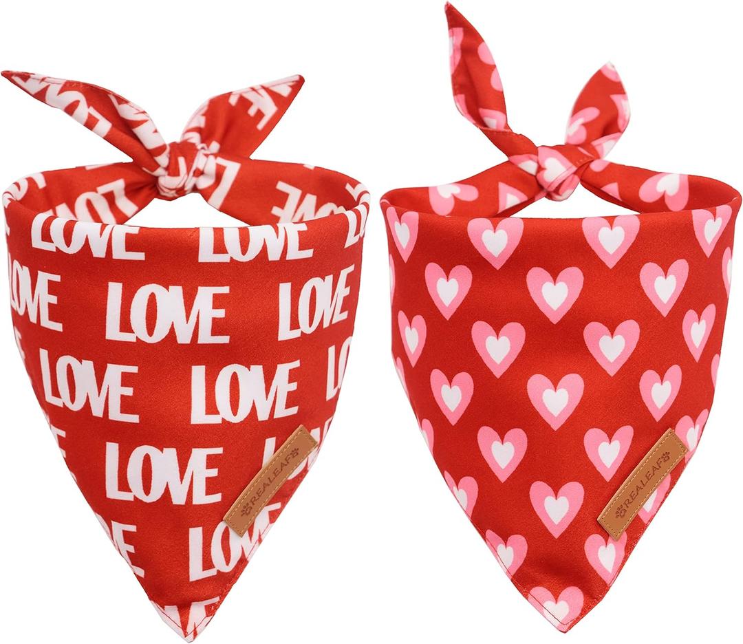 Realeaf Valentine's Day Dog Bandanas 2 Pack, Triangle Reversible Love Pet Scarf for Boy and Girl, Premium Durable Fabric, Holiday Mothers Day Bandana for Small and Medium Dogs (Small) (Red)