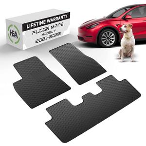 #1 Tesla Model Y Floor Mats - All Weather Rugged Liners Fits 2020-2021 Full Set Front & Rear Accessories - Heavy Duty Flexible Eco-Friendly All Season - Waterproof Modern Honey Comb Look by HEA USA