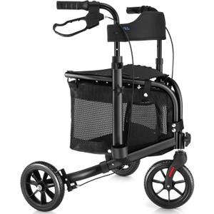 WALK MATE 3 Wheel Rollator Walker with Seat for Slim Seniors, Padded Backrest Lightweight Foldable Walker Ideal for Elderly, 8 Inch Tri-Wheel Modern Mobility Walking Aid Aluminum, Black