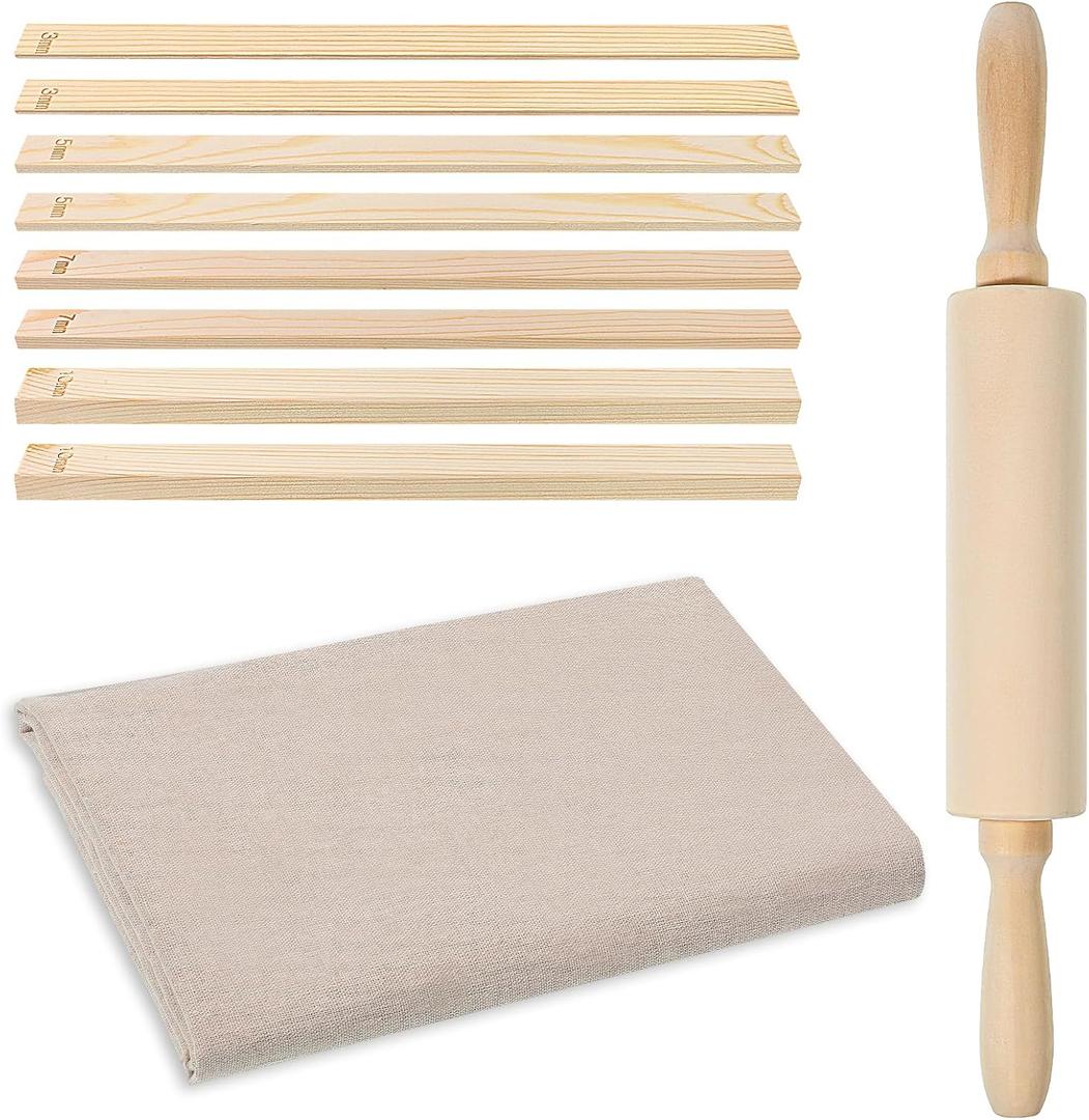 10 Pcs Clay Rolling Pin Pottery Toolsset 13.58 Inch Pottery Wood Rolling Pin 5939in Linen Tablecloth 4 Size Wooden Rollings Pins Guides Sticks for Carving Clay Rollings Pins Depth Guide Potterys