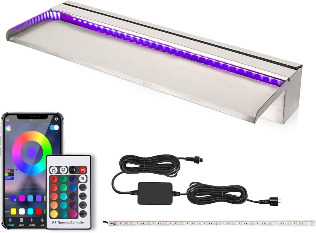 24 Inch APP Control Pool Waterfall Spillway Stainless Steel with LED Lights, Pond Fountain Set for Outdoor Decorations, Koi Pond Swimming Pool w/16 Color Changing Spillway for Sheer Descent