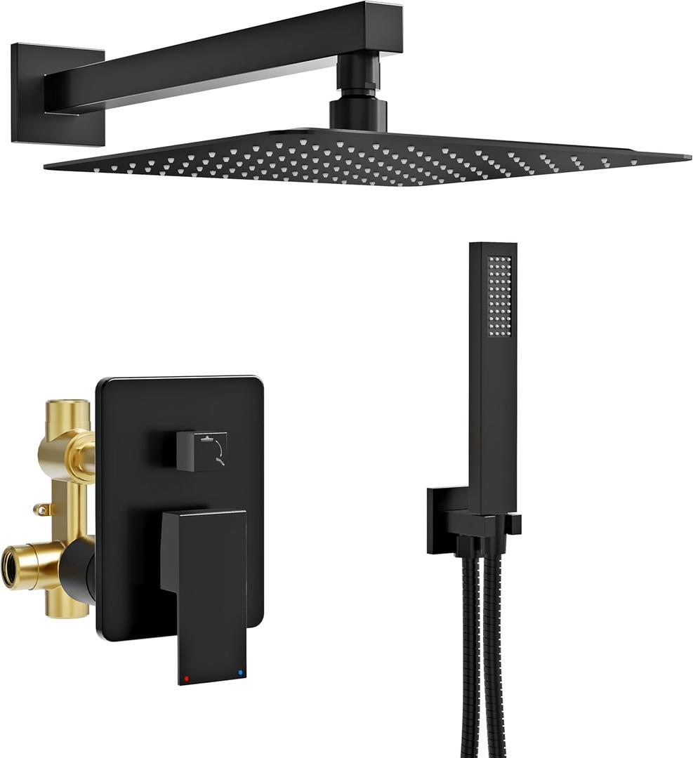 Black Shower System, Wall Mounted Shower Faucet Set with Valve, 10-Inch Rainfall Shower Head with Handheld Combo Spray, 59'' Long Shower Hose and Shower Trim Kit, Matte Black