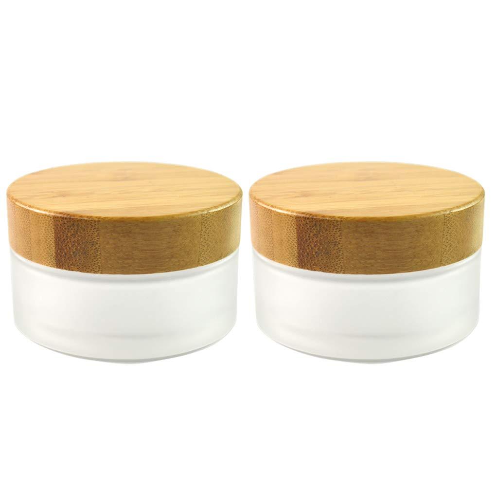 2 Pack 100g/3.4oz Cosmetic Containers Frosted Glass Jar Empty Sample Jars with Bamboo Lids for Cream Lotion Lip Balm Makeup