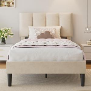VECELO Twin Size Bed Frame with Upholstered Headboard, Heavy-Duty Bedframe with Wooden Slats & Steel Framework, Easy Assembly, Pale Beige