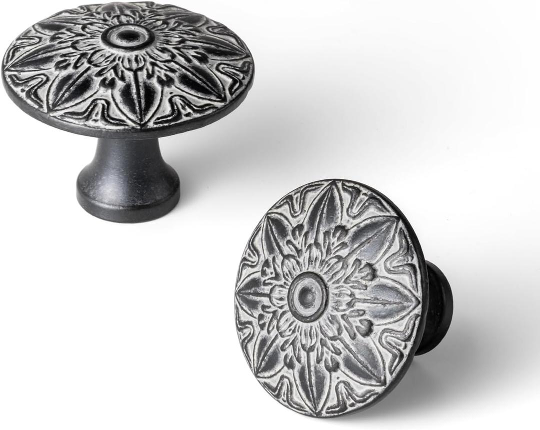 6 Pack Distressed Black & Cream Cabinet Knobs, Vintage Mandala Drawer Pulls, Solid Zinc Alloy Shabby Chic Starburst Door Handles for Kitchen Cupboard, Dresser, Wardrobe, Vanity Hardware