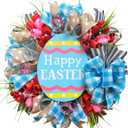 18" Easter Mesh Wreath for Front Door Artificial Flower Wreath with Happy Easter Wooden Board Bows for Spring Farmhouse Holiday Hanging on Home Indoor Outdoor Front Door Wall Decorations