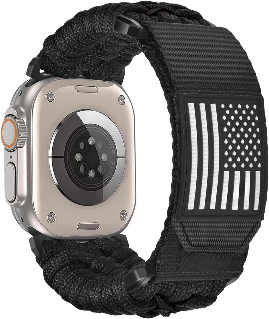 CAGOS Rugged Nylon Apple Watch Ultra 3/Ultra 2 Band for Men 49mm 46mm 45mm 44mm 42mm, Breathable Braided Nylon Strap Sport Loop Adjustable Wristbands for iWatch Bands Series 11 10 9 8 7 6 5 4 3 2 1 SE Ultra (Black), M/L(7.7"-9.5")