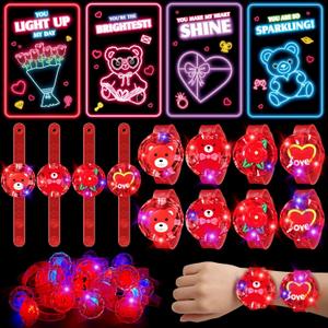 Valentines Day Cards Gift for Kids School, 24 Pack LED Light Toys with Valentines Greeting Cards, Glow in the Dark Lighting Bulk Toy for Valentines School Classroom Exchange Prizes Party Favors
