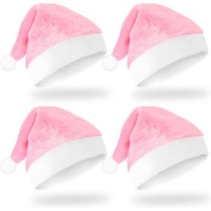 Zhanmai 4 Pieces Christmas Santa Hats Short Plush Xmas Santa Claus Cap Comfort Christmas Accessories for Women Men (Pink)