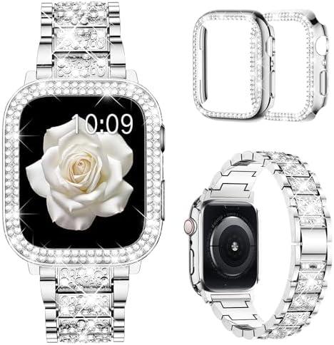 Mosonio Compatible with Apple Watch Band 38mm 40mm 41mm 42mm 44mm 45mm 46mm 49mm with 2 Pack Case Women, Jewelry Replacement Metal Bands Strap with Bling PC Protective Case for iWatch Ultra SE Series 10/9/8/7/6/5/4/3/2/1 Silver
