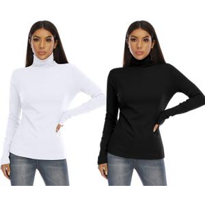RightPerson Women's Basic Long Sleeve Turtleneck T-Shirt Solid Slim Soft Cotton Tops (X-Large, 2 Pack -White+black)
