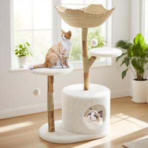 46-Inch Cat Tree Tower - Modern Cat Tree with Wooden & Rattan Scratching Post, Comfortable Bed, Stylish Pet Furniture for Indoor Use