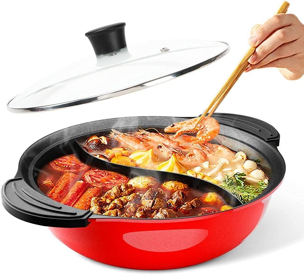 Hot Pot with Divider for Induction Cooker Dual Sided Soup Cookware Two-flavor Chinese Shabu Shabu Pot for Home Party Family Gathering, 4.5 Quart (Red)