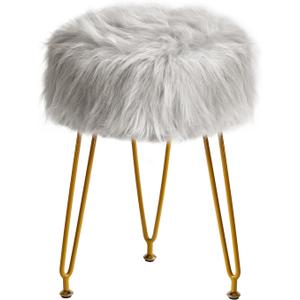 IBUYKE Faux Fur Vanity Stool Chair, Furry Makeup Stool Ottoman, Soft Padded Seat, Round Footrest Footstools with 4 Metal Legs, for Living Room Bedroom Entryway, Gray LG-32G