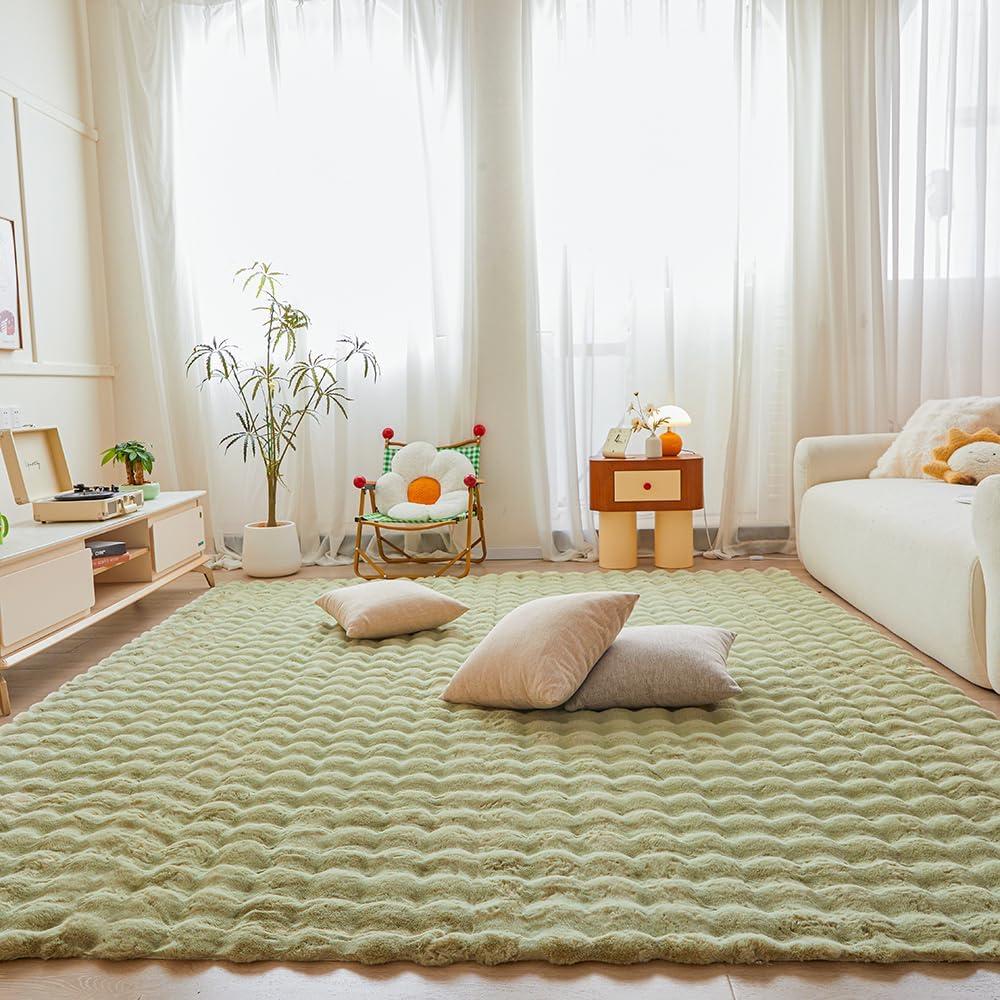 Light Green Rabbit Plush Area Rug for Bedroom Living Room Sofa,8'X10' Faux Fur Fluffy Shaggy Rectangular Square Rug for Kids Teen Girls Room,Furry Carpet Rug for Nursery Baby Room Decor for Teenage