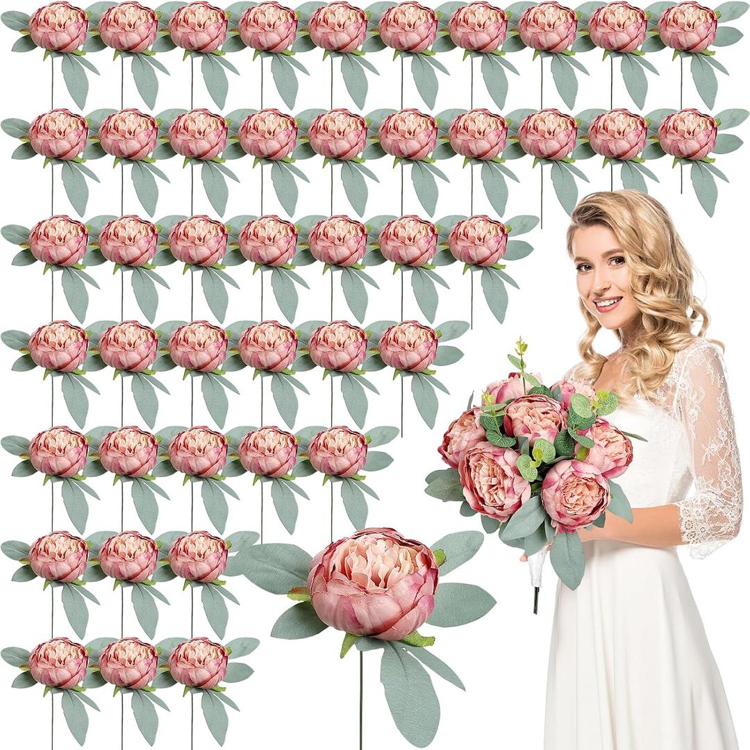 50Pcs Artificial Peonies Flowers, 4 Dusty Pink Peonies Fake Flowers Heads for Table, Faux Silk Peony Arrangements for Wedding, Valentine, Engagement, Office, Coffee, Dining Decorations