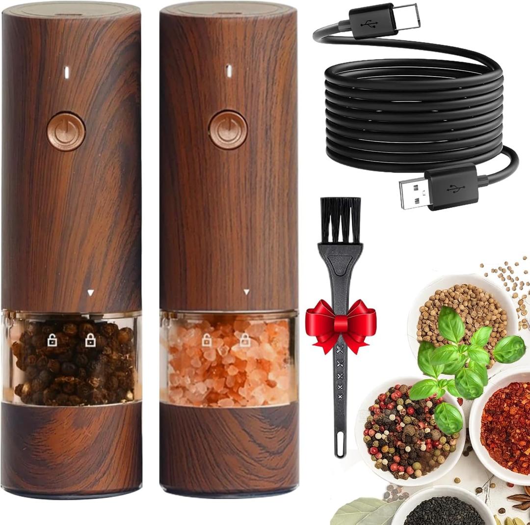 TianfuSpanda Electric Salt and Pepper Grinder Set, Type-C Rechargeable Salt and Pepper Shakers with LED light, 6 Adjustable Coarseness, Ceramic Grinding Core, for for Home Kitchen BBQ (Wood Grain)