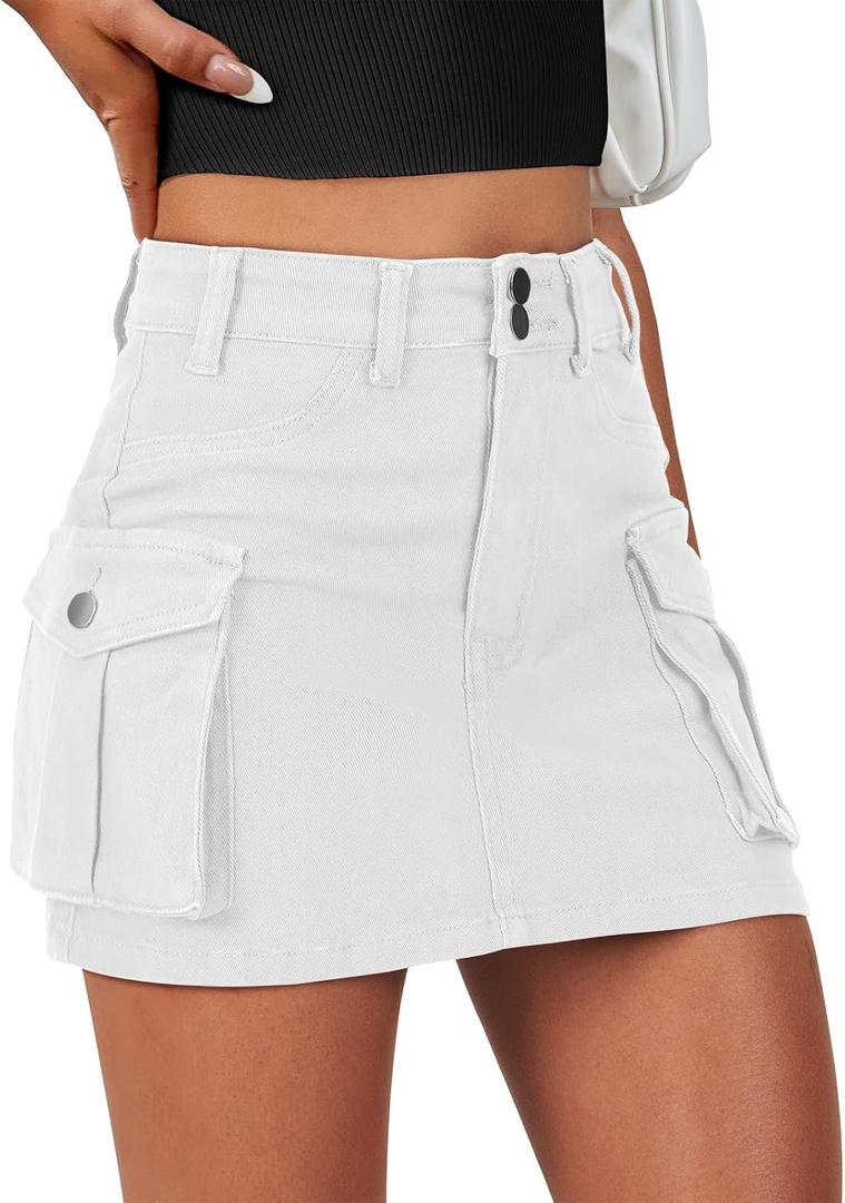 ANRABESS Cargo Skirt Women Button Mini Skirt with Pocket Y2k Bodycon 2025 Trendy Denim Jean Short Skirts (X-Large, White)