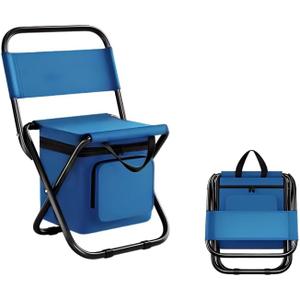 Outdoor Multi-Function Compact Camp Chair with Cooler Bag Compact Fishing Stool Foldable Camping Chair for Outdoors Hiking Hunting Travel (Blue)