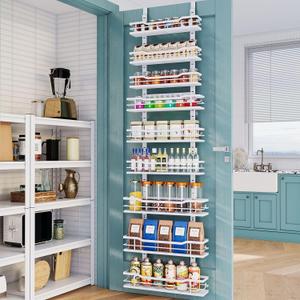 Over The Door Pantry Organizer9-Tier Over The Door Organizer with Adjustable BasketMetal Hanging Pantry Organizers and Storage for Kitchen, Back of Door Seasoning Rack (White)